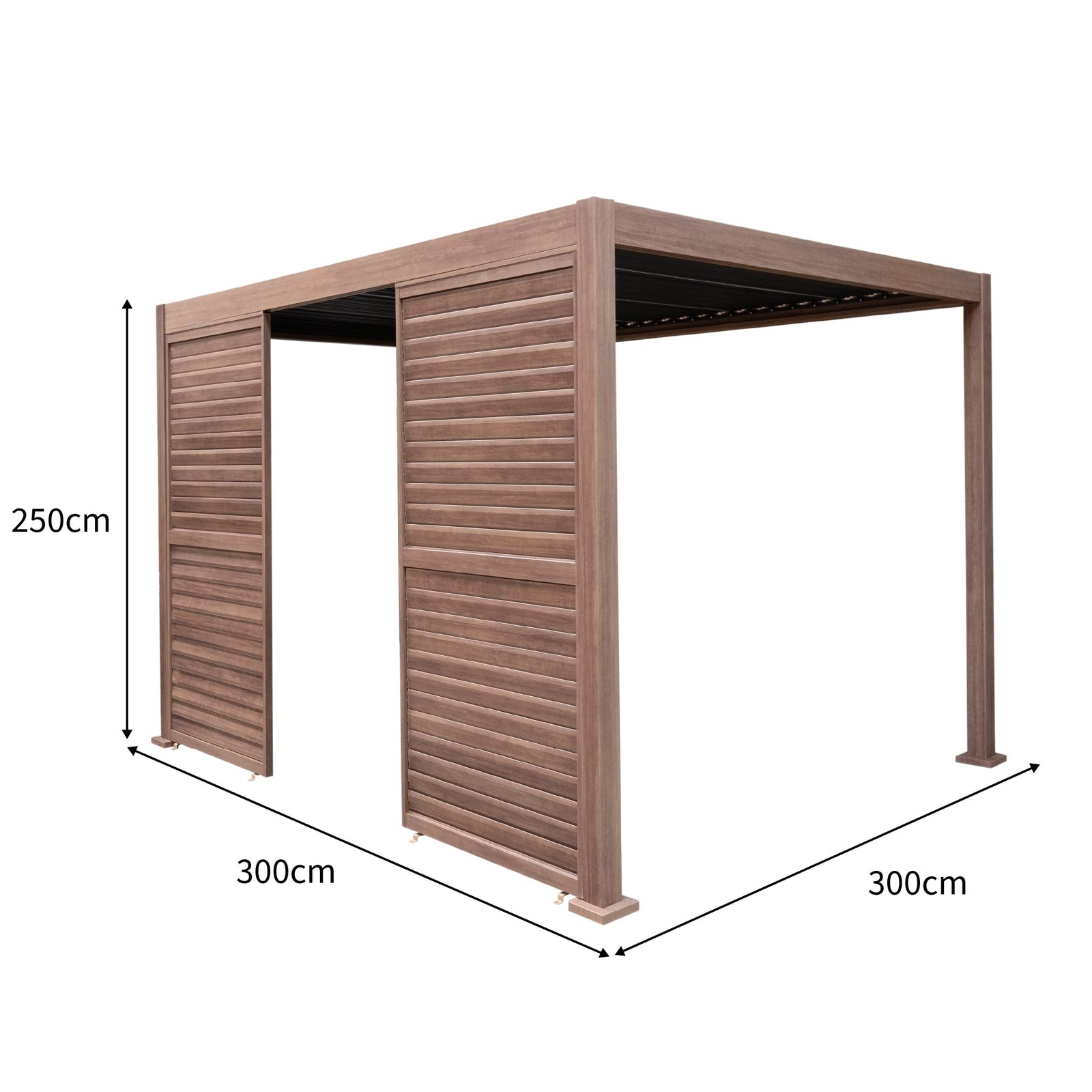 Wood Effect Aluminium Pergola With Led Lights & 2 X Side Panels | 3m x 3m | Brown