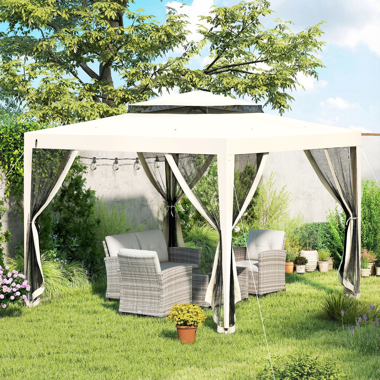 3 X 3 M Gazebo, Netting Party Tent W/ Double Tier Roof | Cream