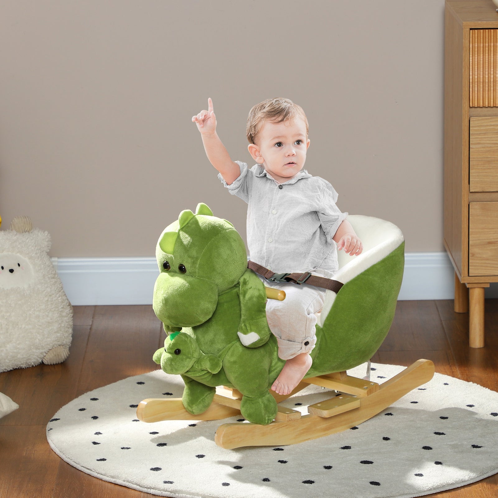 Baby Rocking Horse W/ Safety Belt, 32 Songs, Wood Base, Hand Puppet