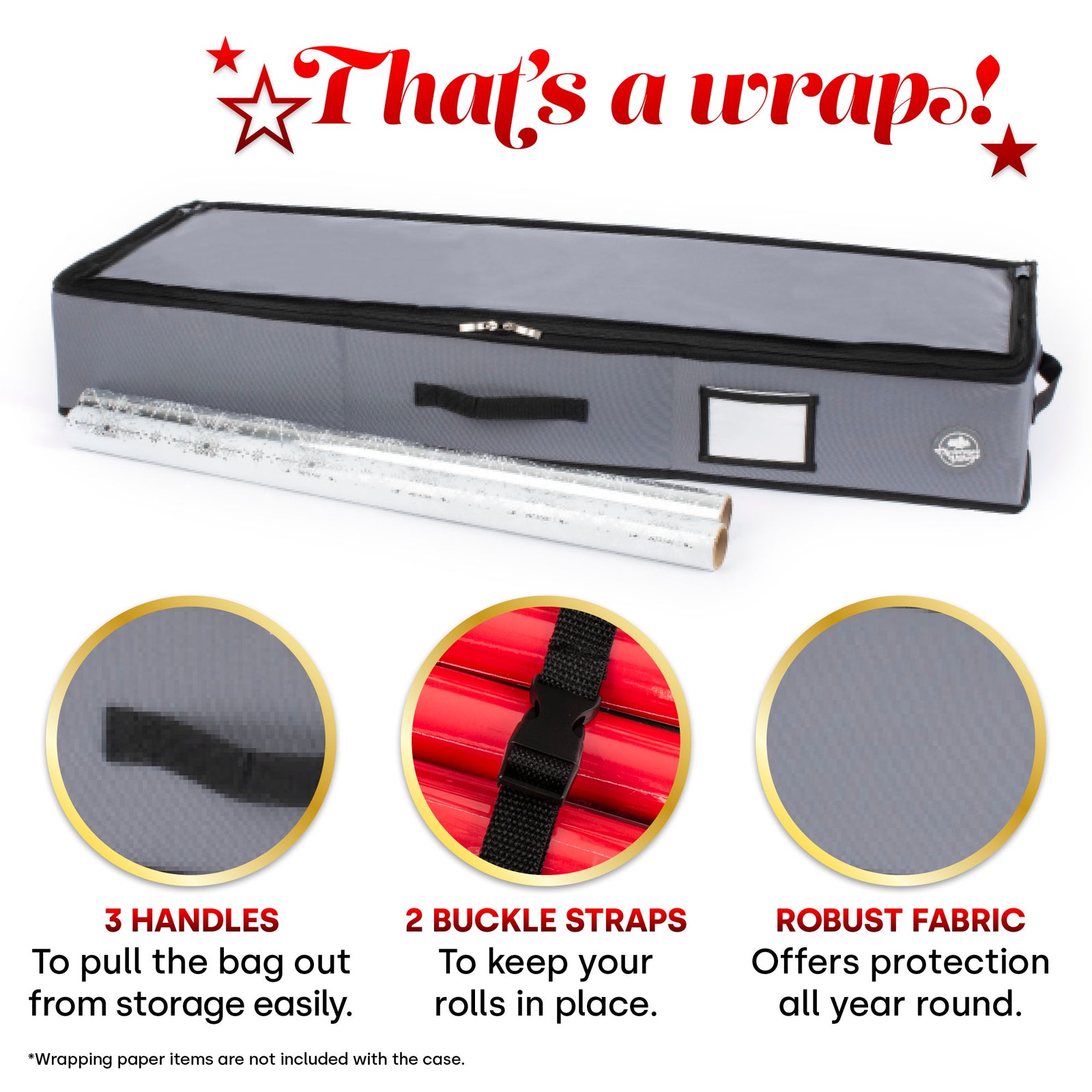 Fabric Storage Bag For Wrapping Paper Grey With Zip Closure