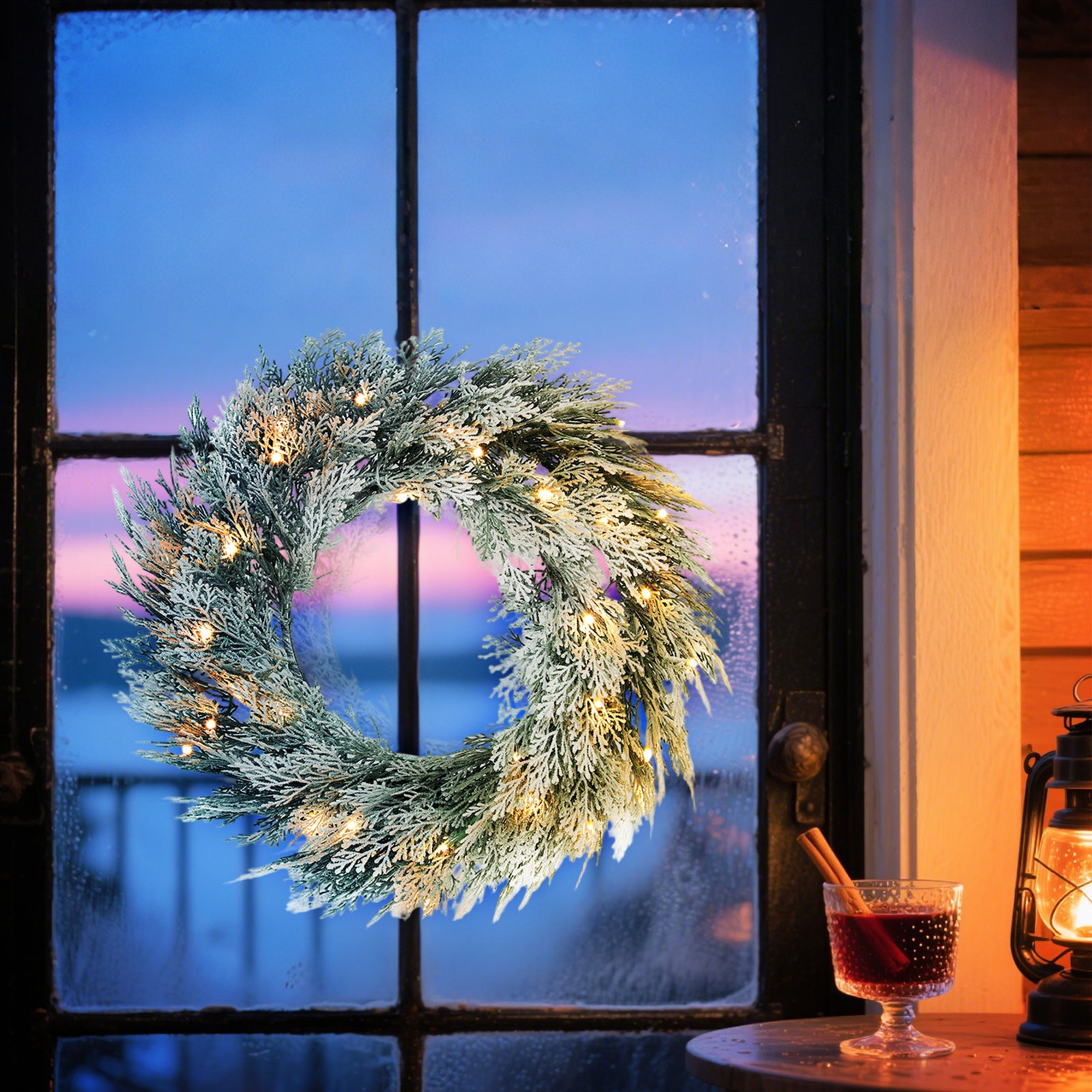 60 Cm Prelit Christmas Wreath, Flocked Front Door Wreath With Timer