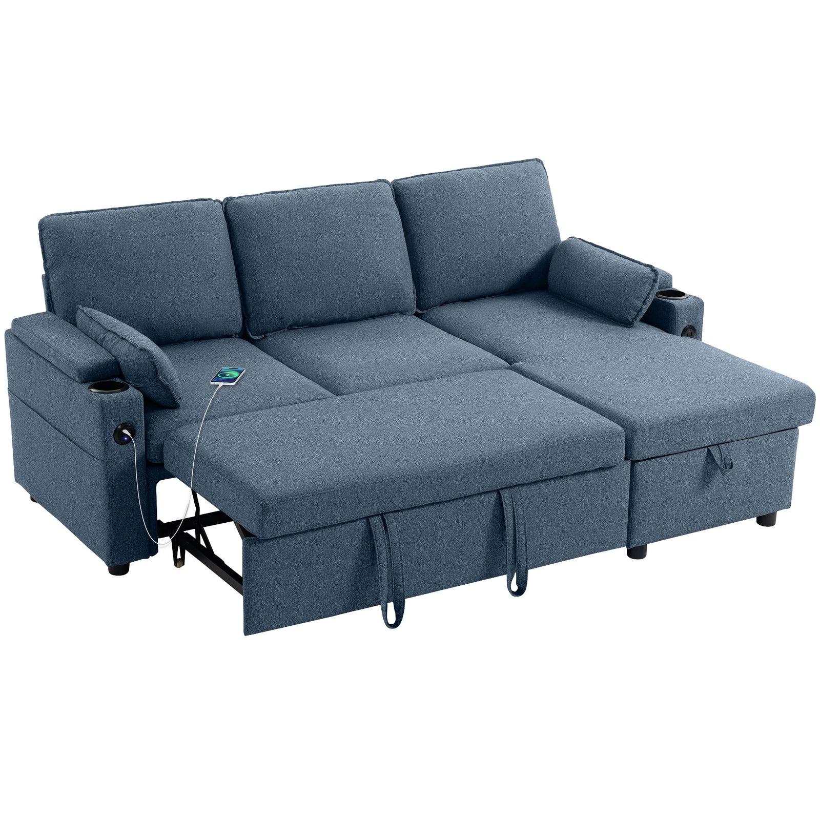 Corner Sofa Bed, L Shaped Sofa With Storage Chaise, Usb Ports | Blue