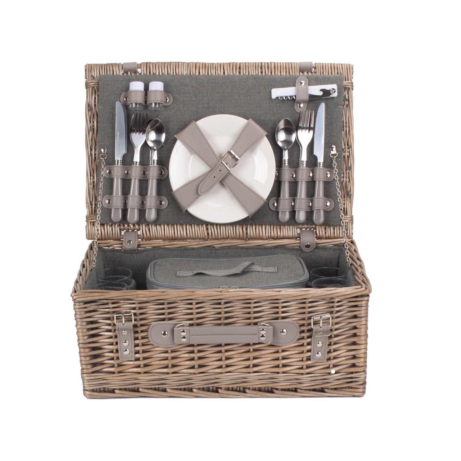 Grey Tweed Fitted Picnic Wicker Basket | 4-Person | Gray