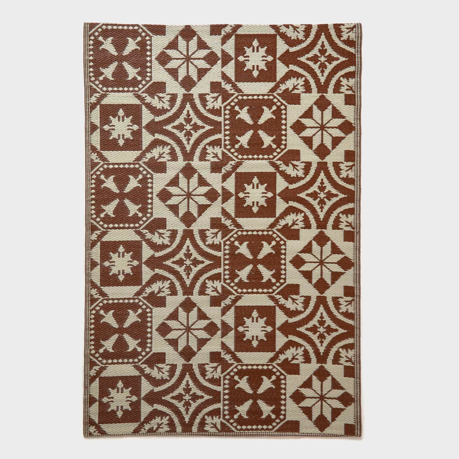 Luxury Outdoor Rug Waterproof Reversible For Garden Patio, Brown Tile Mosaic