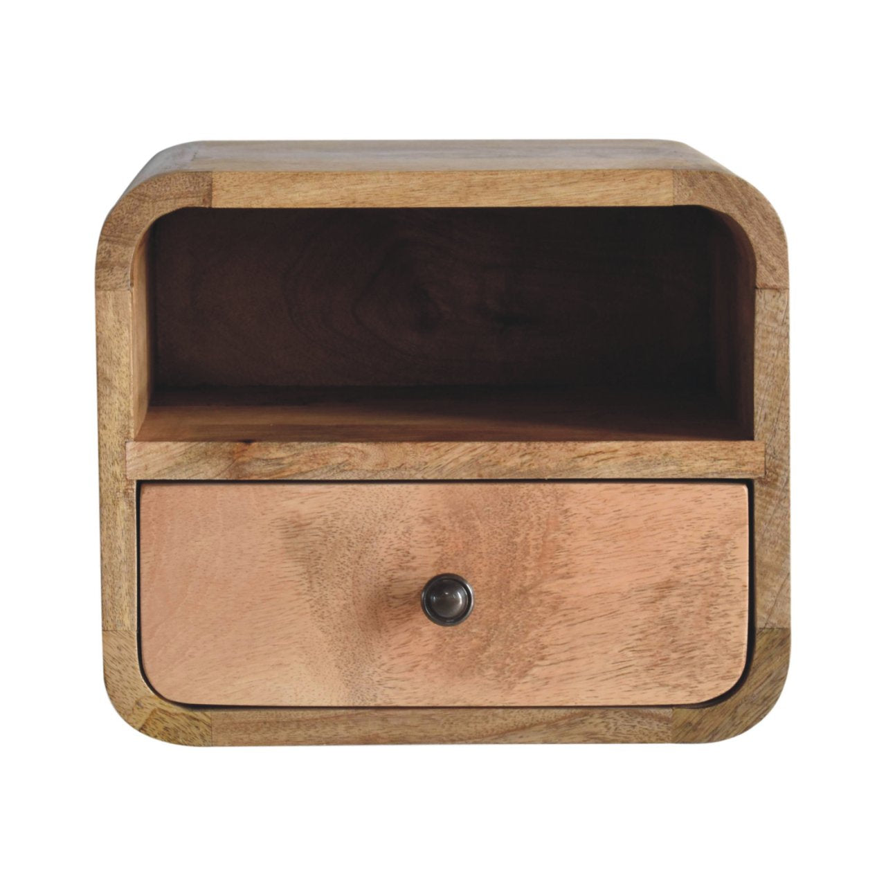 Solid Wood Extra Mini Wall Mounted Curved Oak-ish Bedside With Open Slot