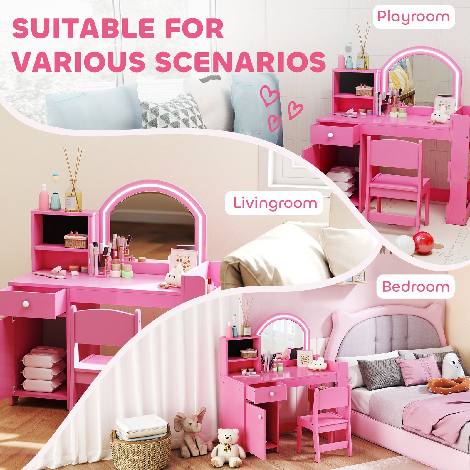 Girls Dressing Table With 2-colour Led Mirror And Stool | Pink