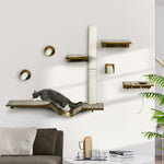 8pcs Wall Mounted Cat Shelves W/ Posts, Perches, Ladder - Brown
