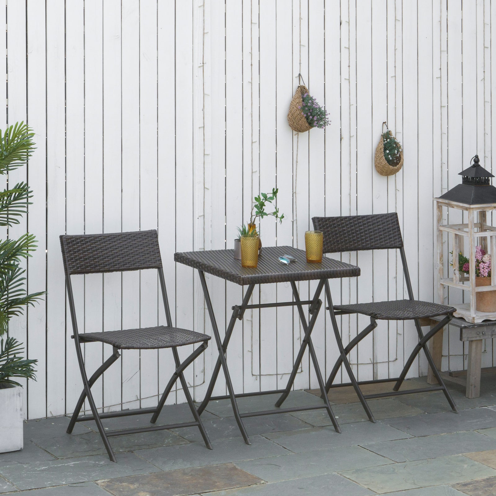 3pc Bistro Set Rattan Furniture Garden Folding Chair Table | Black