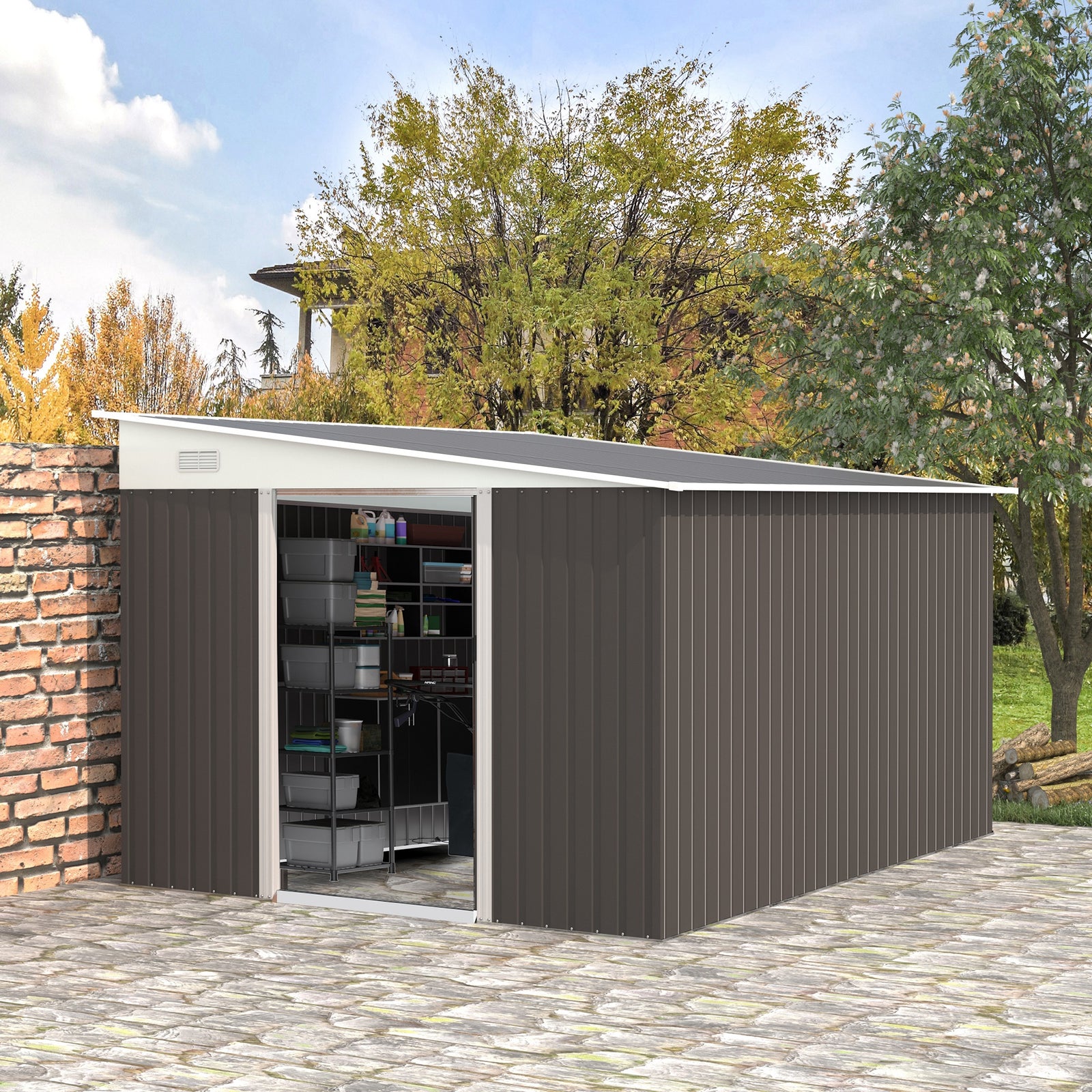 11.3x9.2ft Steel Garden Storage Shed Tool House With Doors