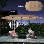 Double Sided Garden Parasol W/ 60 Solar Led Lights 4.5m | Khaki