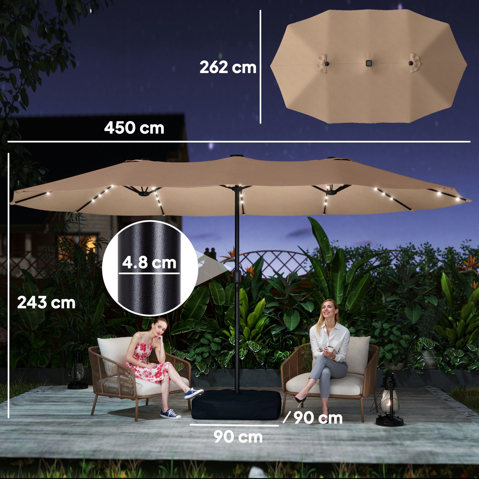 Double Sided Garden Parasol W/ 60 Solar Led Lights 4.5m | Khaki