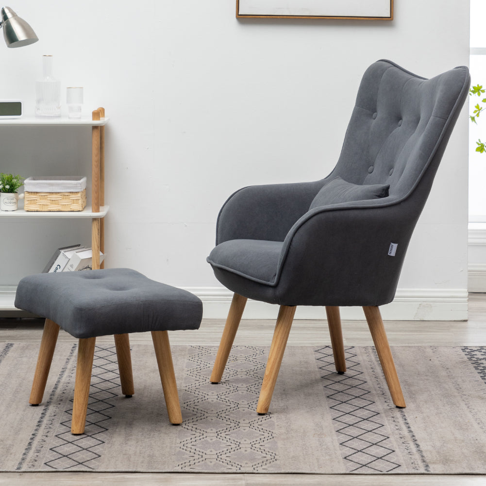 Velvet Upholstered Armchair With Footstool & Pillow – Modern Accent Lounge Chair For Living Room