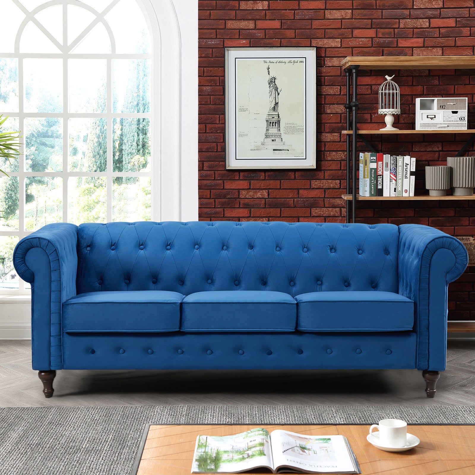 Pelham 207cm Wide Velvet Fabric 3 Seat Chesterfield Sofa | 3 | Blue