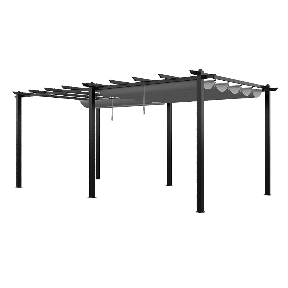 3m X 6m Aluminium Pergola With Retractable Roof,pu-coated Water-resistant Canopy,black Frame Patio Shelter For Garden, Backyard | Grey