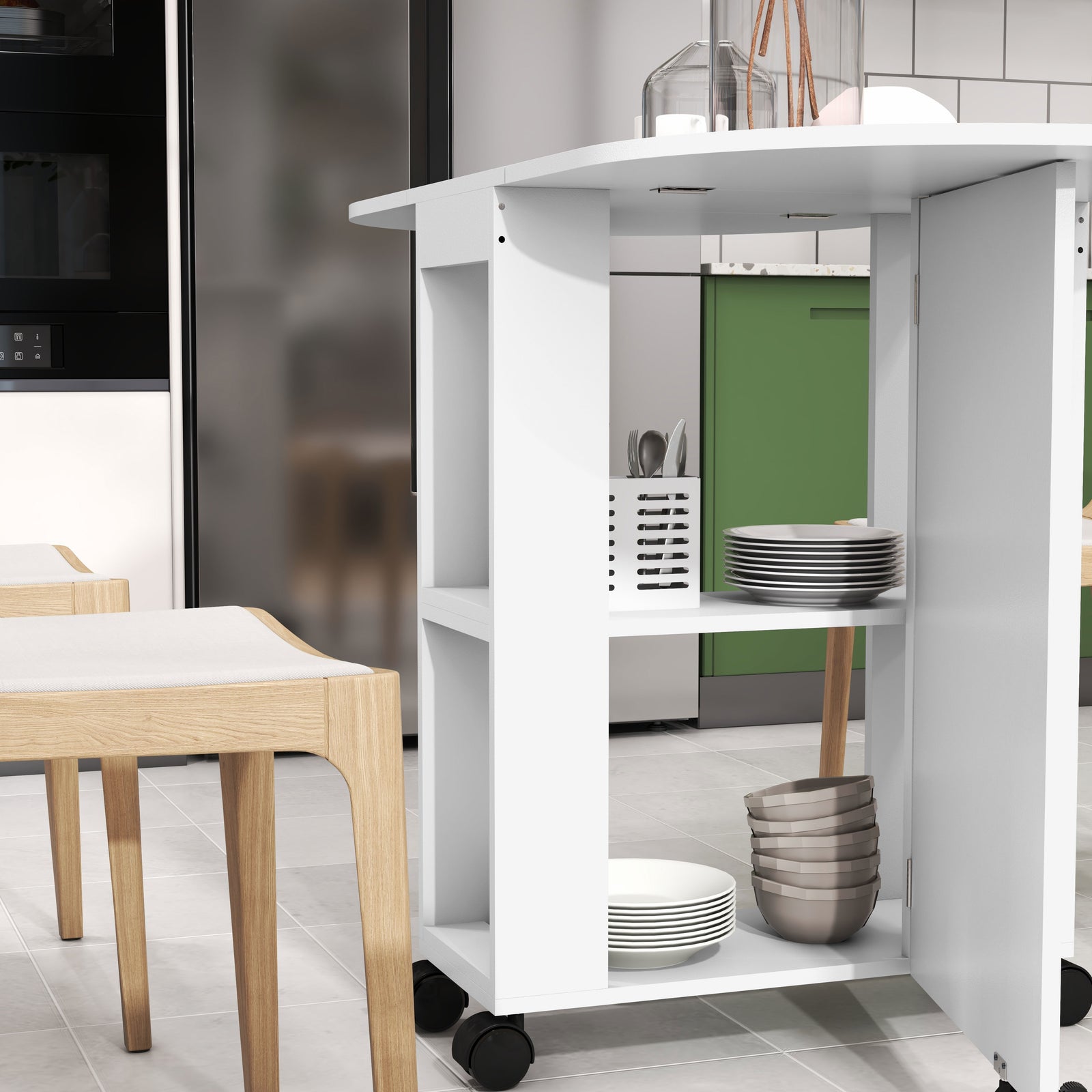 Folding Dining Table With 2-tier Shelves, White
