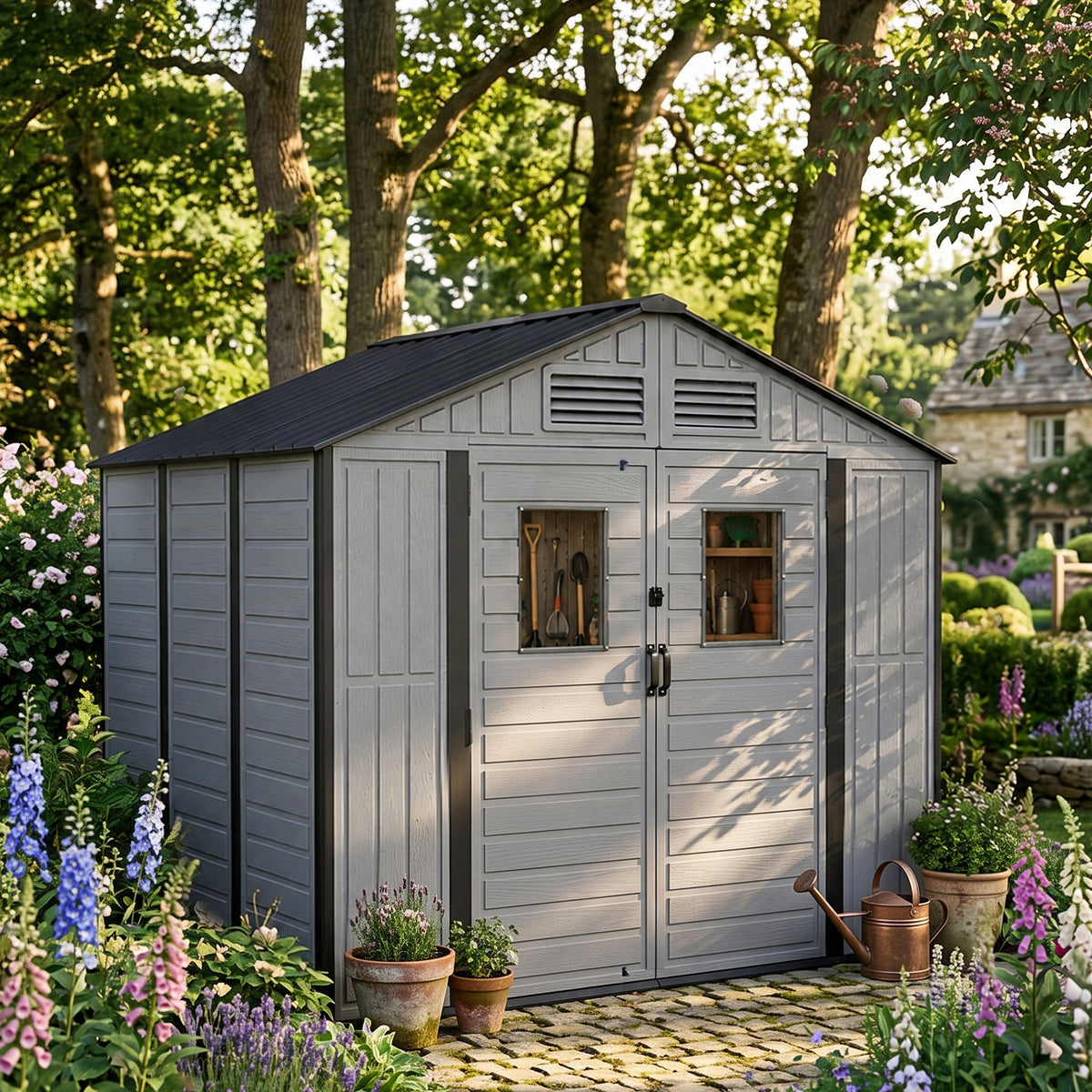 Breeins 8x6ft Plastic Garden Storage Shed With Secure Lockable Door