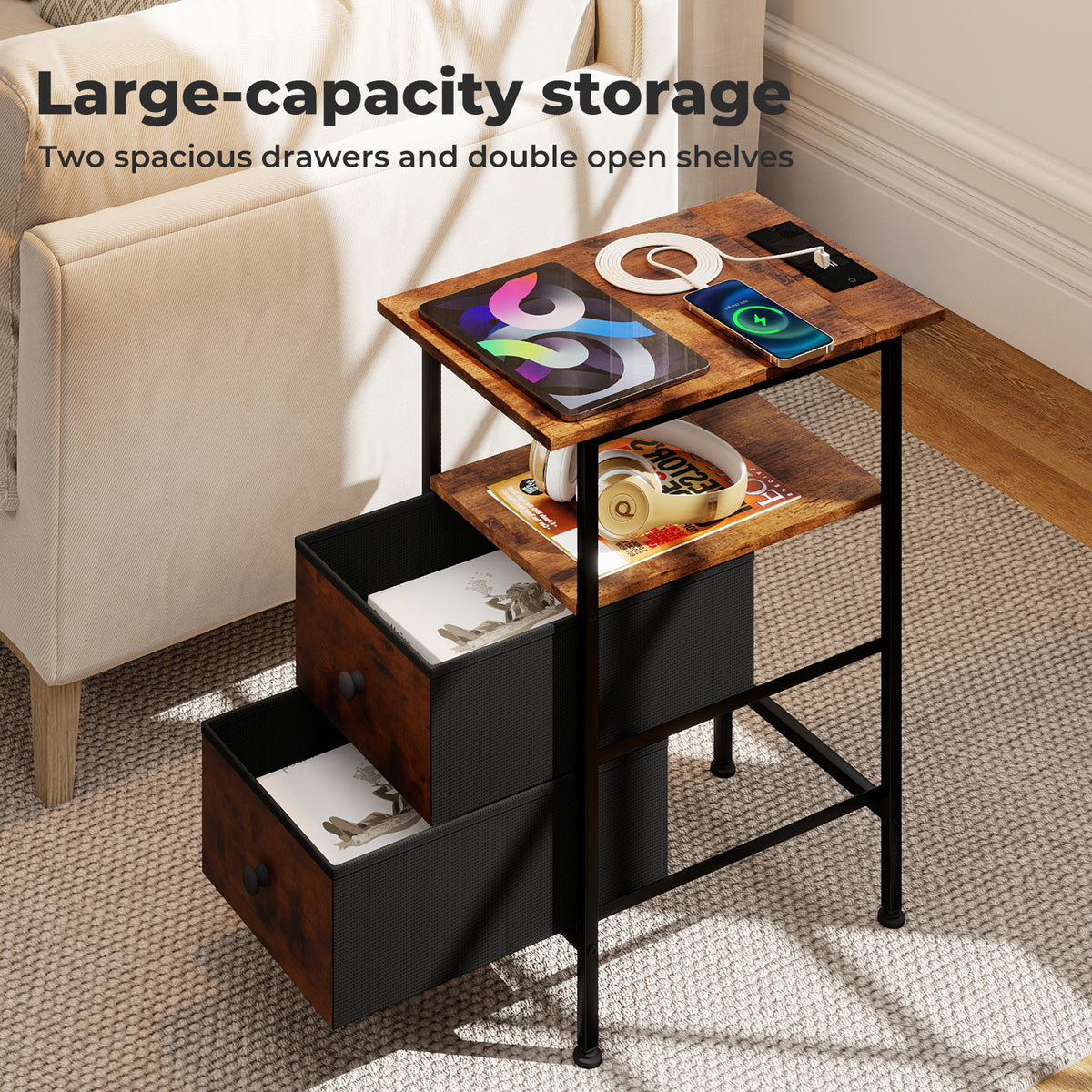 Bedside Table Side Cabinet Storage Nightstand Charging Station 2 Drawers | Brown