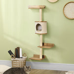 Wall-mounted Cat Tree Shelter W/ Cat House, Bed, Scratching Post - Beige