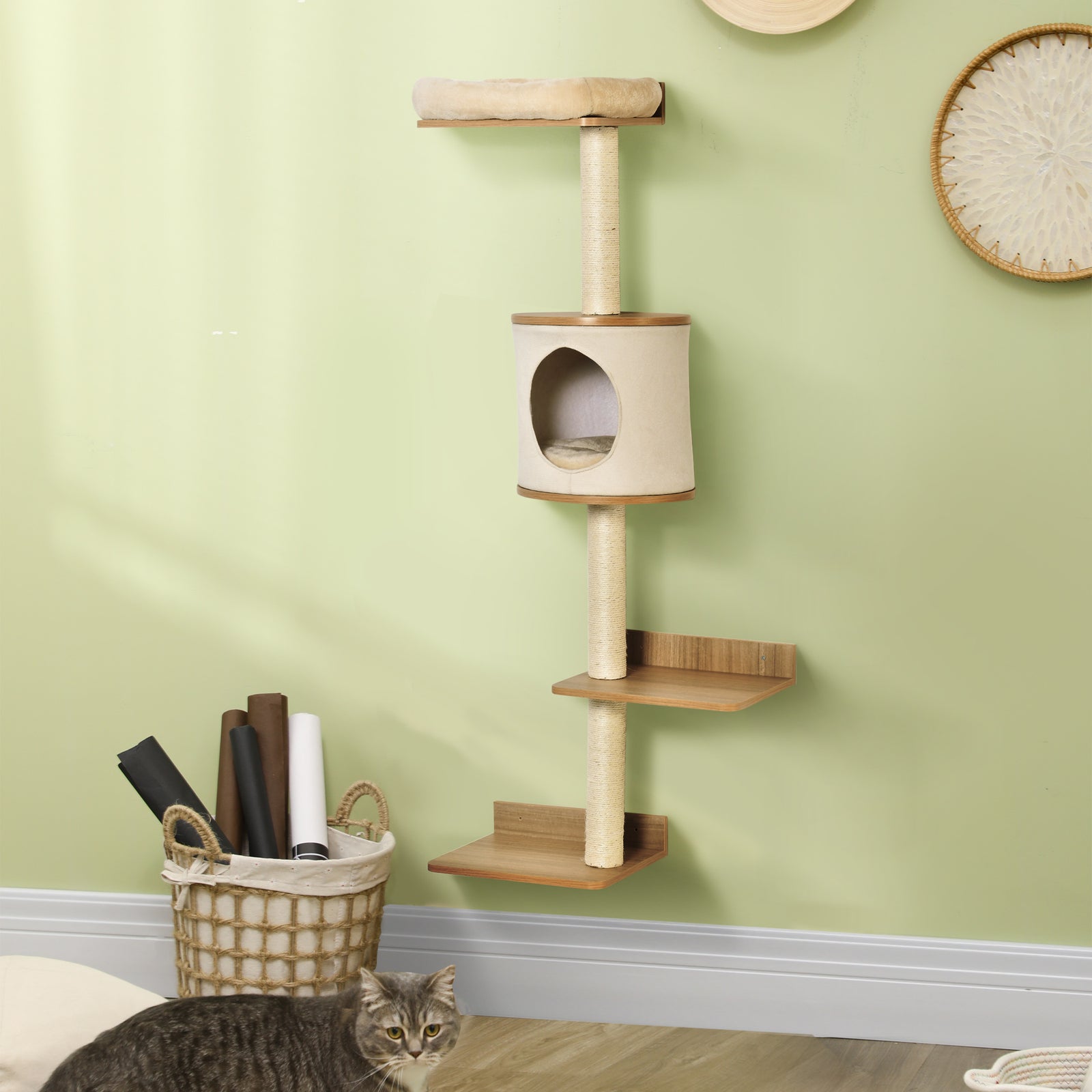 Wall-mounted Cat Tree Shelter W/ Cat House, Bed, Scratching Post - Beige