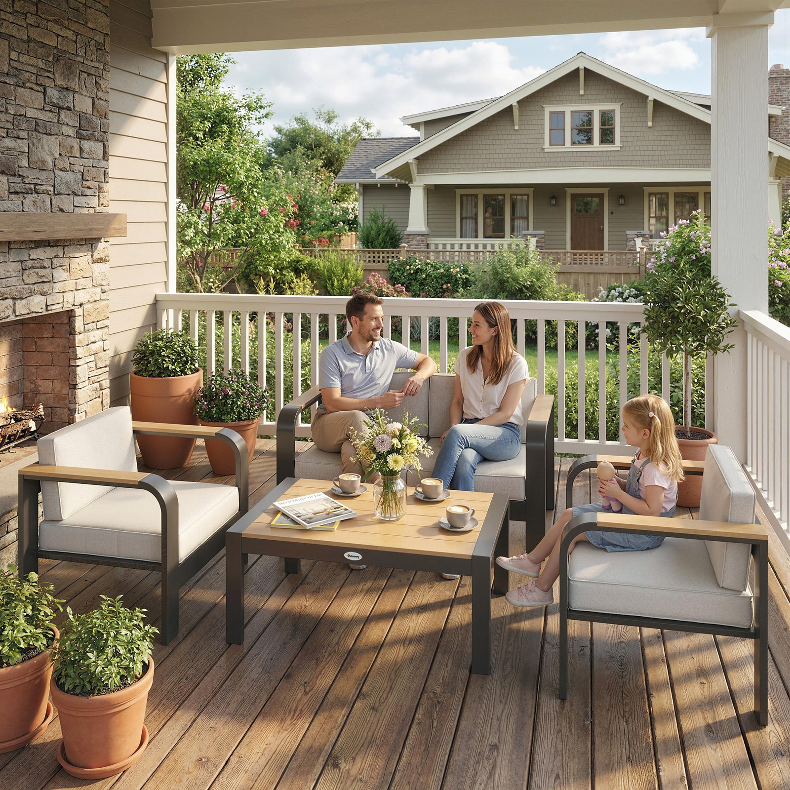 Outsunny 4 Seater Aluminium Garden Furniture Set With Olefin Cushions, Beige