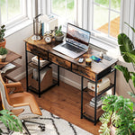 Computer Writing Desk With Power Outlets, Drawers, Shelves | Brown