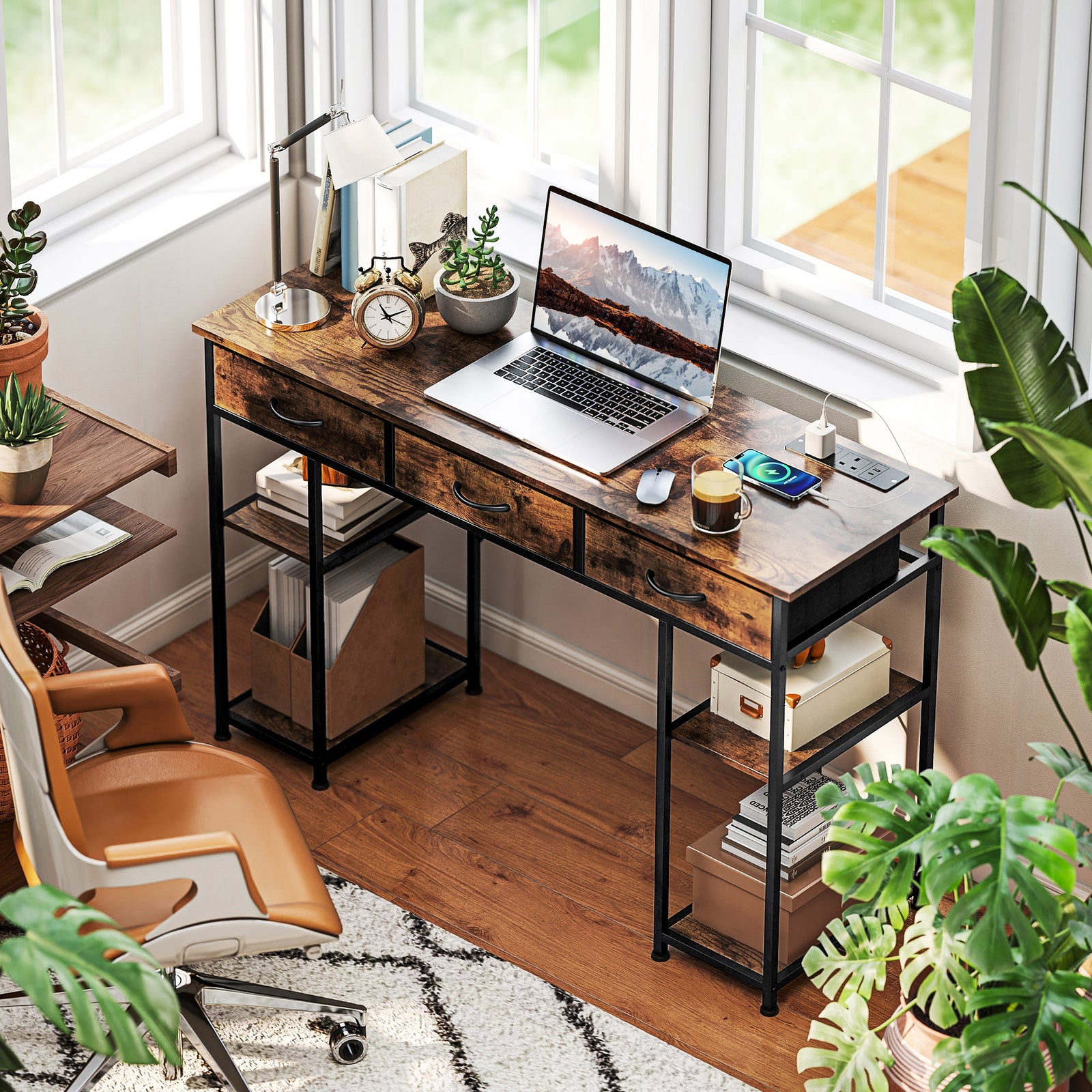 Computer Writing Desk With Power Outlets, Drawers, Shelves | Brown