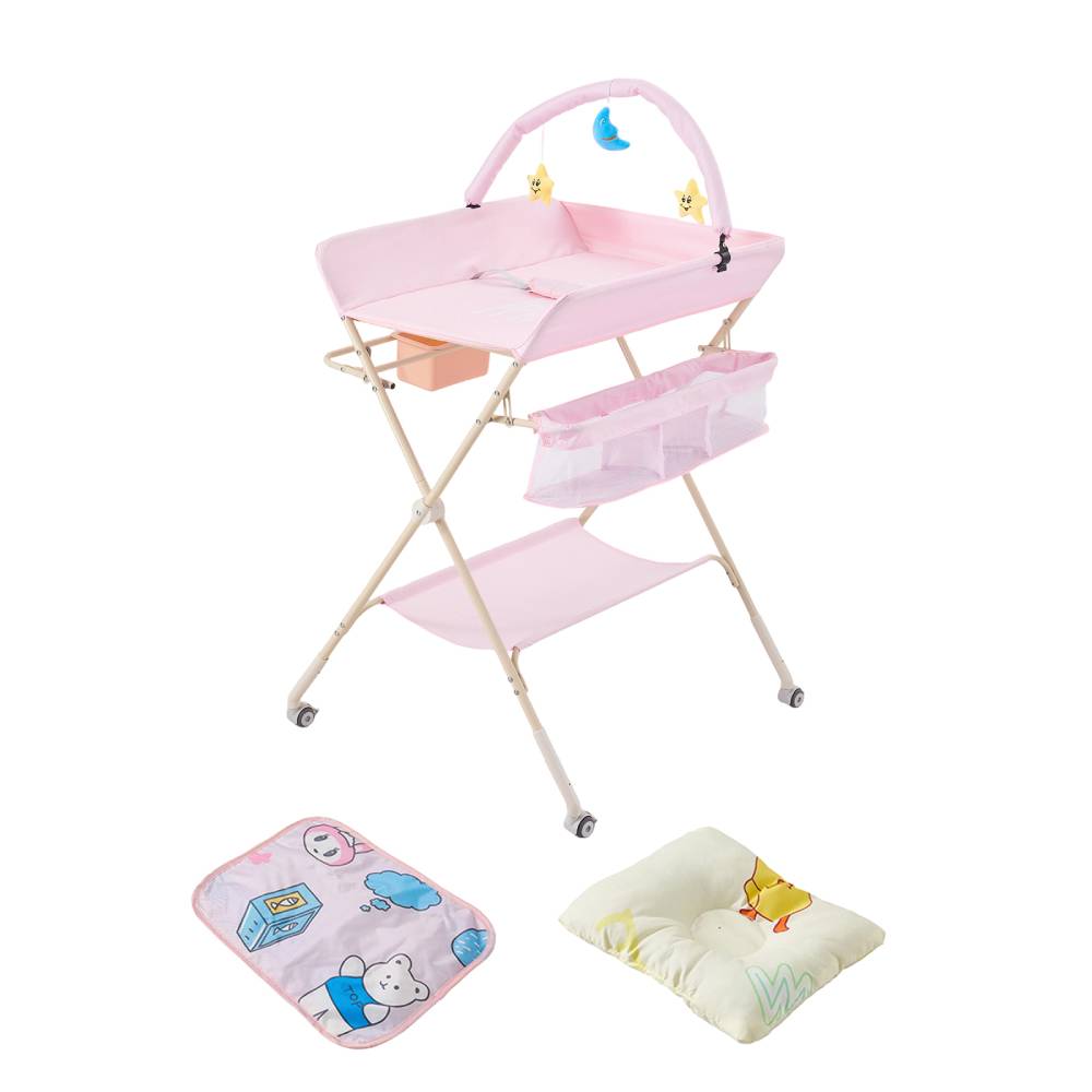Portable Adjustable Baby Changing Table With Storage, Hanging Toy , Small Basin, Pillow & Changing Pad – Foldable Infant Diaper Station | Pink