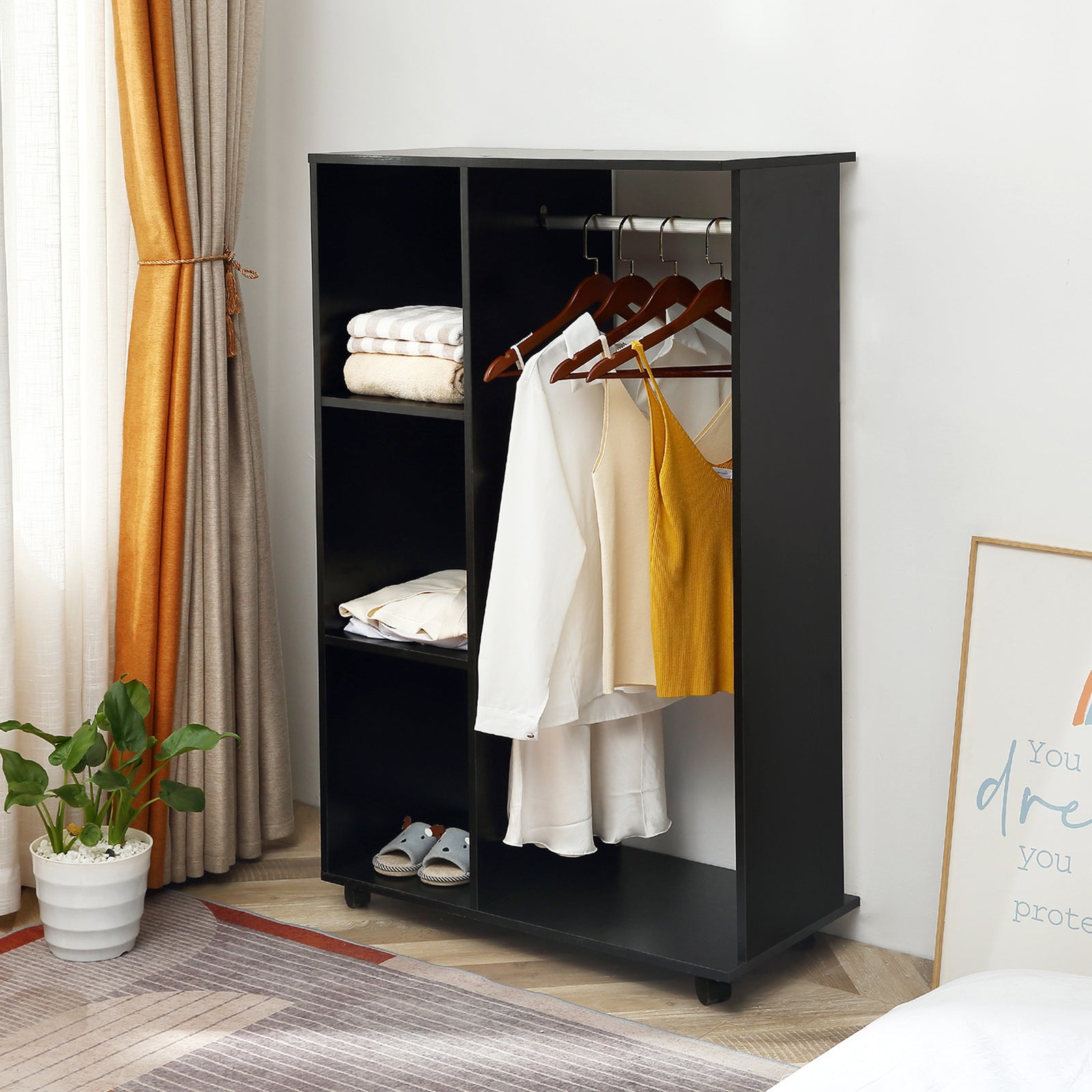 Rolling Open Wardrobe Hanging Rail Storage Shelves Clothes | One Size | Black