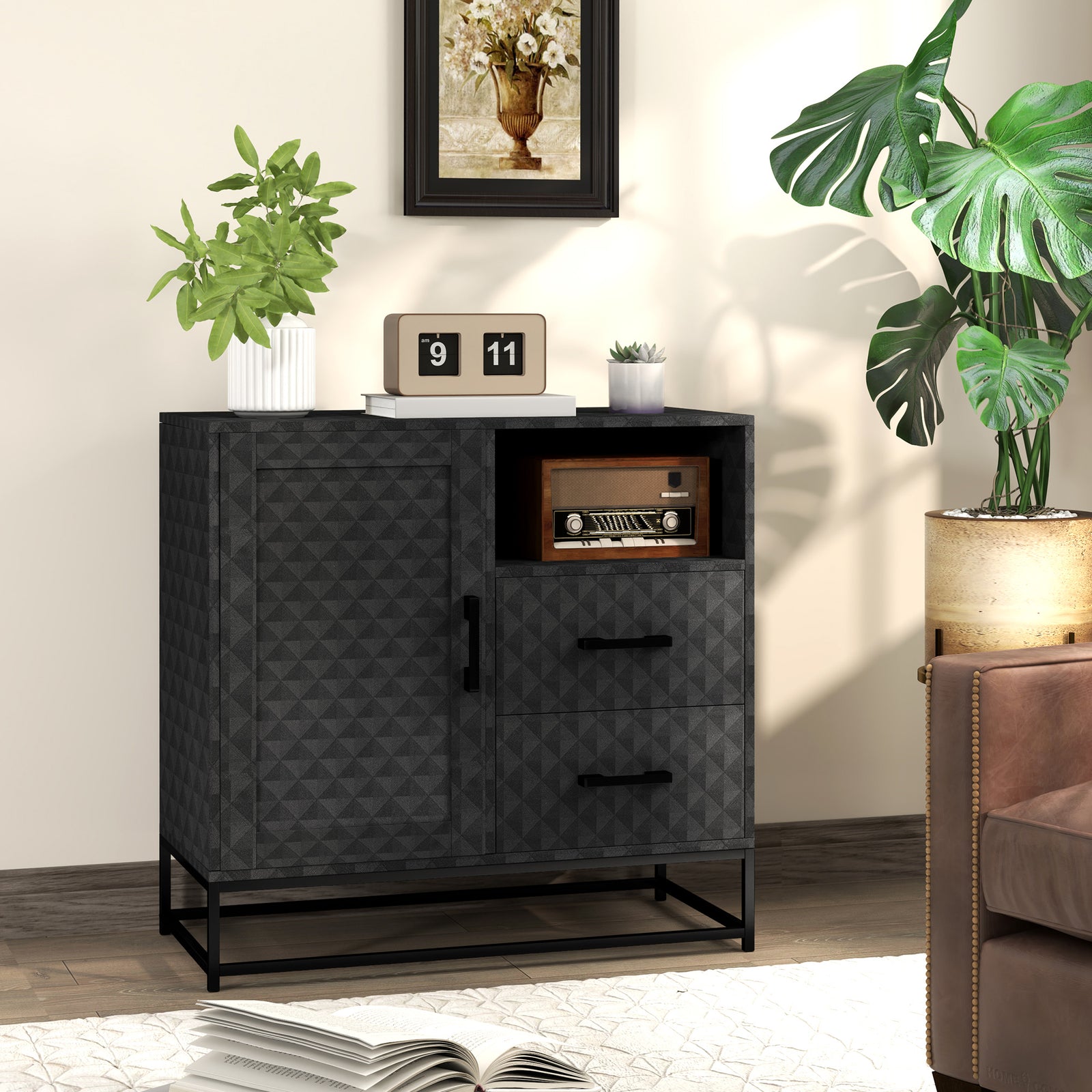 Cupboard With Adjustable Shelf, Open Compartment | One Size | Black