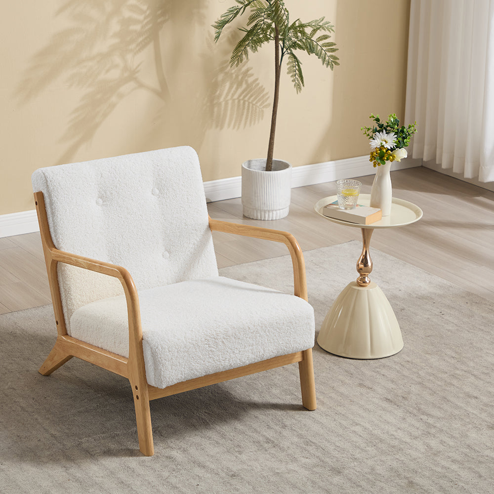 White Teddy Fleece Lounge Chair With Solid Wood Frame – Cozy Accent Chair With 28d Sponge Cushion