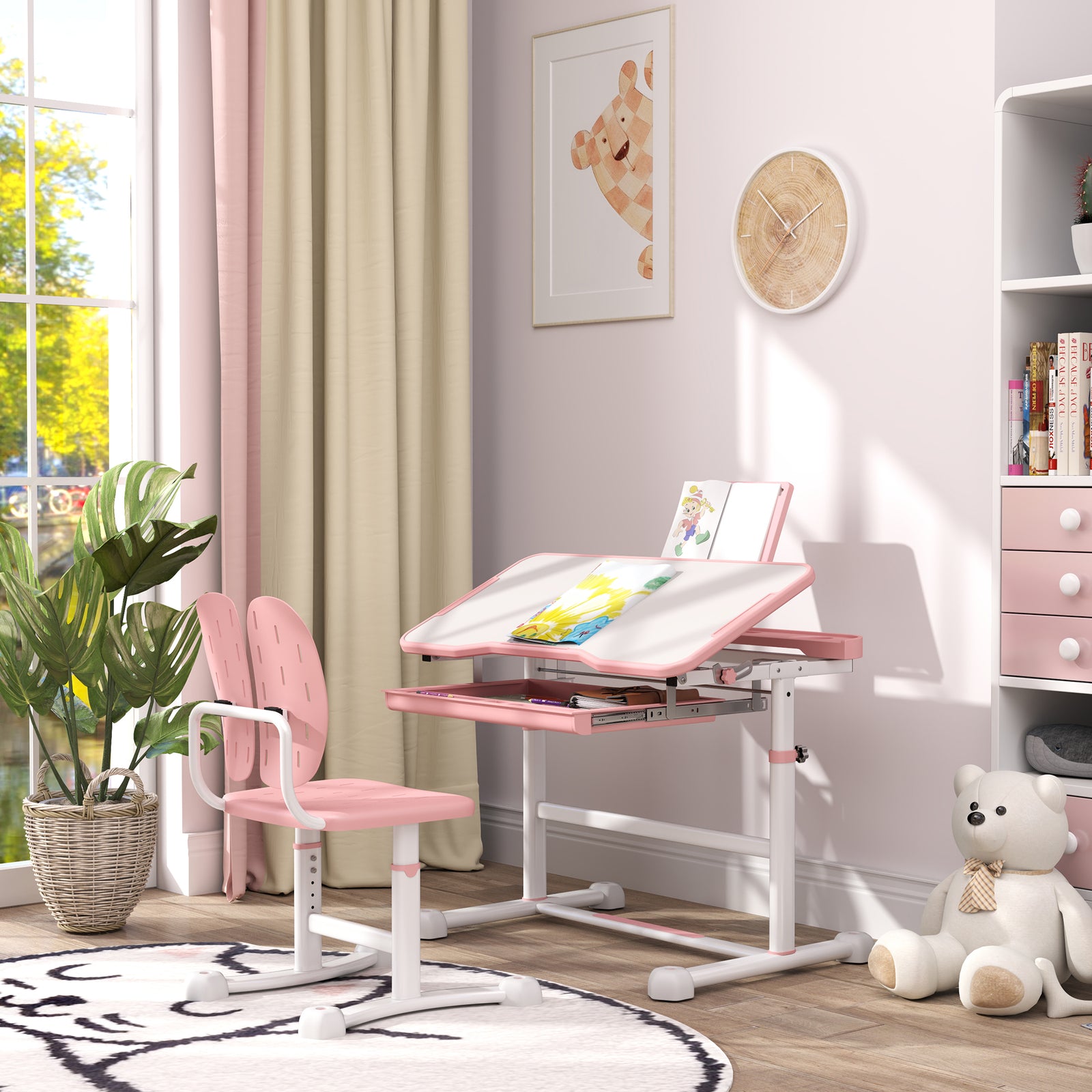 Height Adjustable Kids Desk And Chair Set W/ Tilted Desktop | Pink