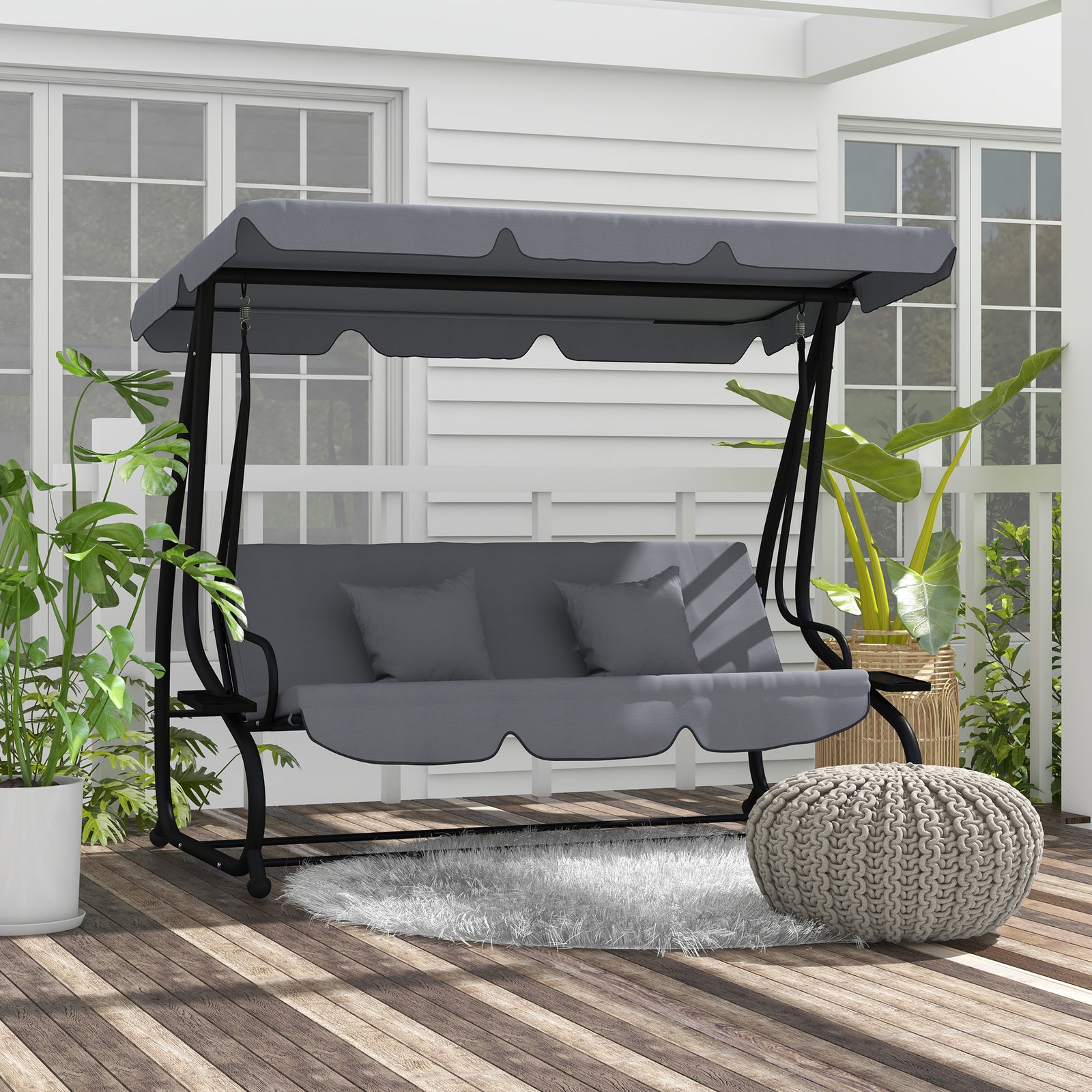 2-in-1 Garden Swing Chair For 3 Person W/ Adjustable Canopy | Dark Grey