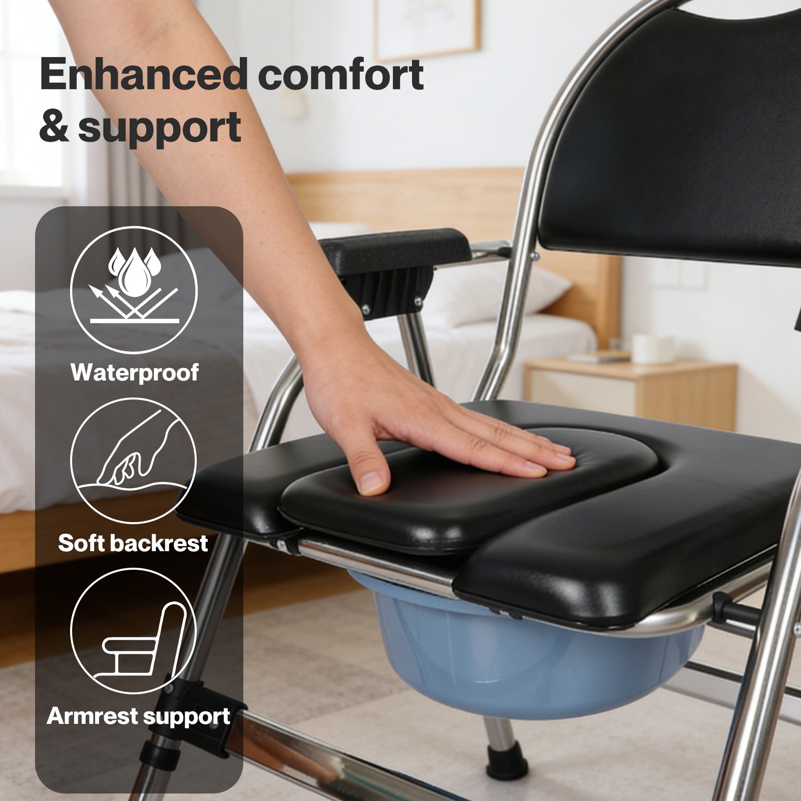 Folding Commode Chair Adjustable Height Bedside Toilet Shower Seat 150kg | Black