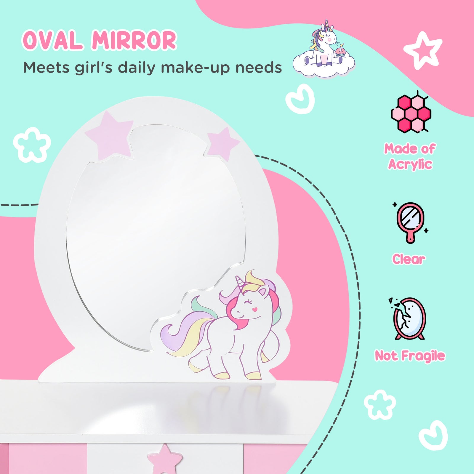 Kids Dressing Table, Girls Vanity Set With Mirror And Stool, Unicorn