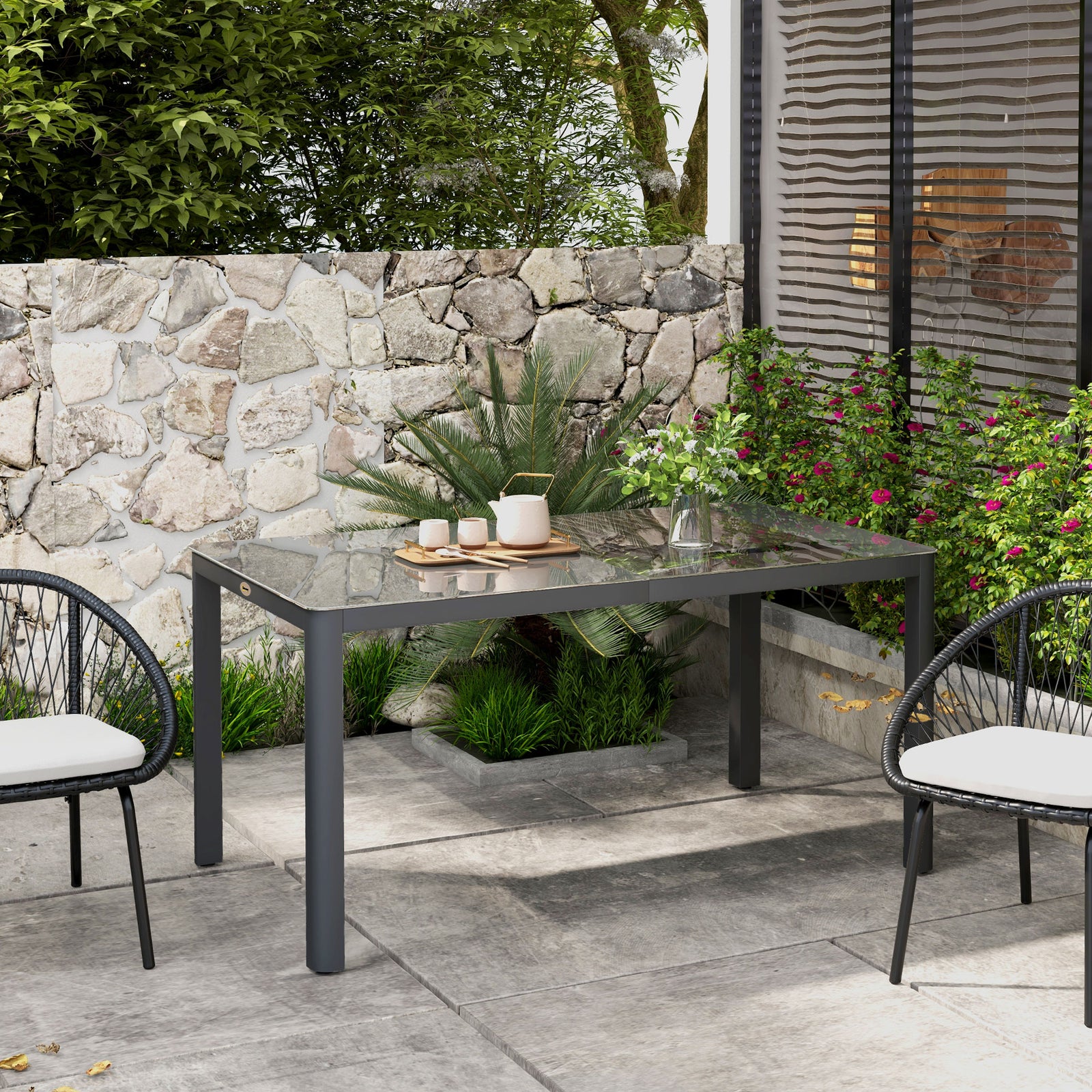 Outdoor Dining Table With Glass Top, Aluminum Frame, Grey