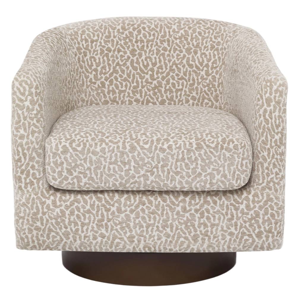 Modern Swivel Accent Chair With Leopard Print Cotton-linen Upholstery, Barrel Back Design, 360° Rotating Base & Foam Cushioned Seat