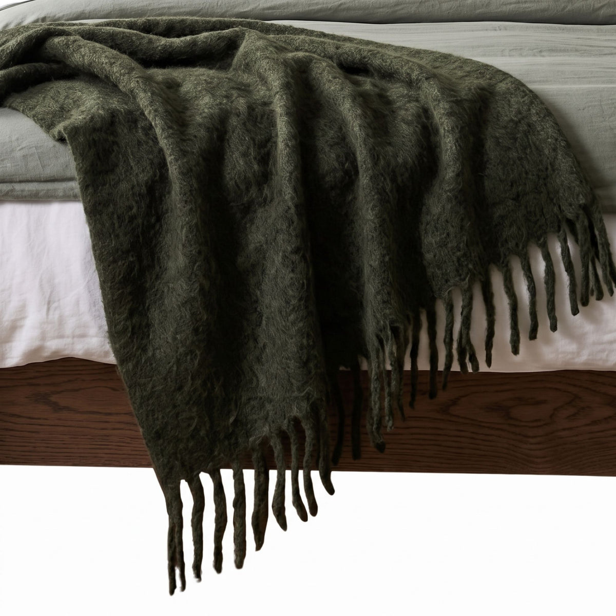 Pure Handmade Halo Wool Blend Bed & Sofa Throw Blanket | 130cm x 170cm | Forest Green