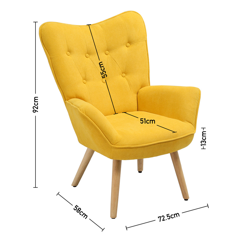Mustard Yellow Tufted Button Linen Armchair With Wooden Legs
