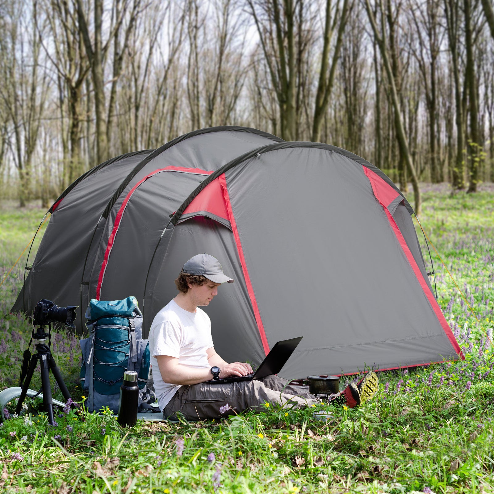 3 Man Camping Tent 2 Rooms Porch Vents Weather-resistant | Dark Gray