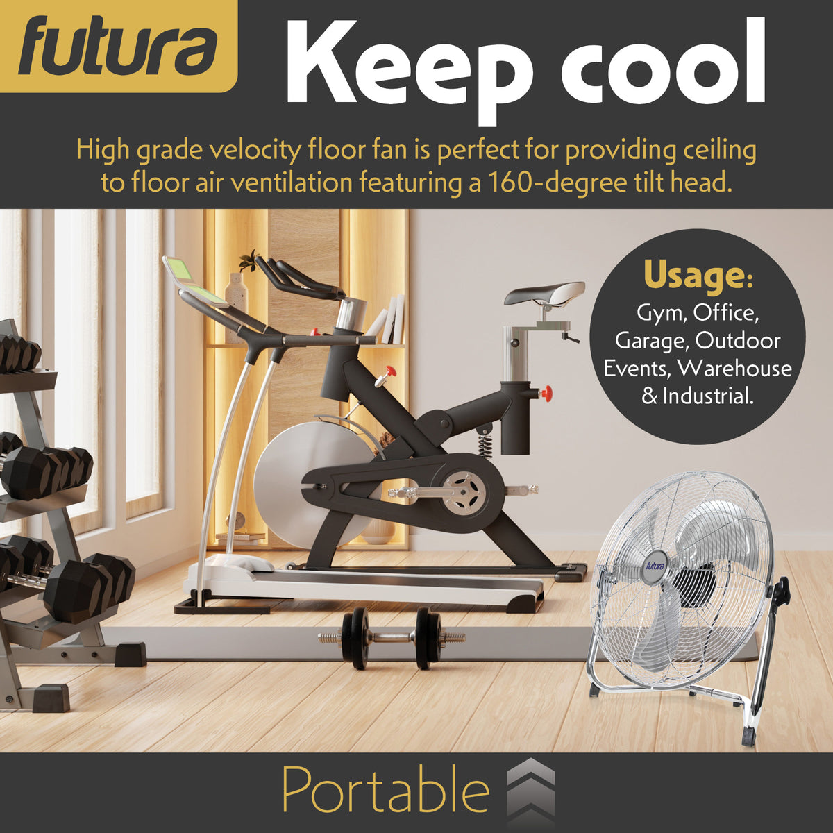 Floor Fan High Velocity Portable Chrome Fan Adjustable 3 Speed Standing Industrial Large Cooling Metal Gym Fan | 20" | Silver