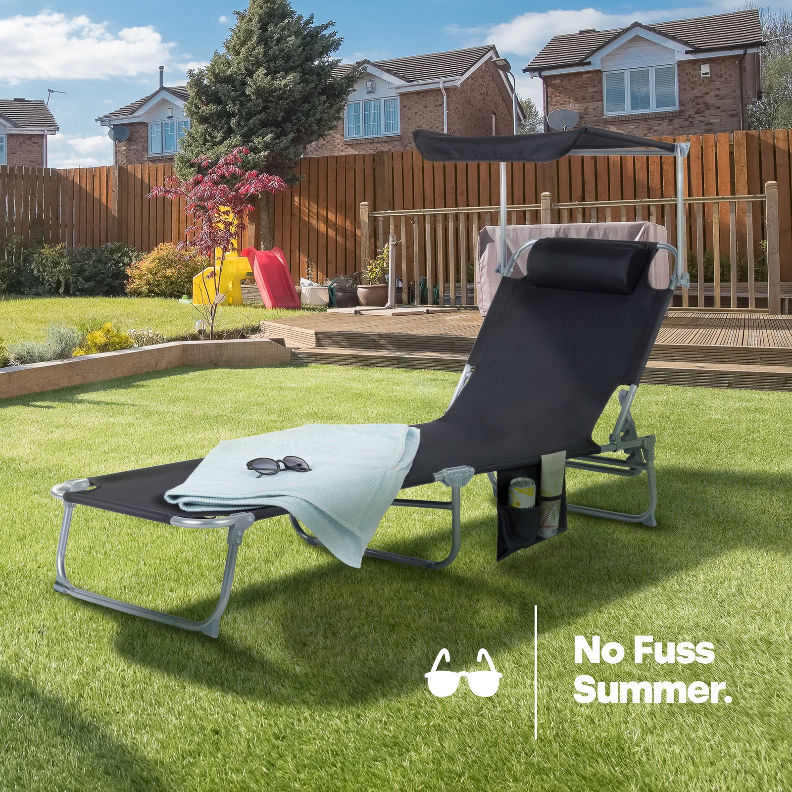 Folding Sun Lounger With Sun Shade - Black