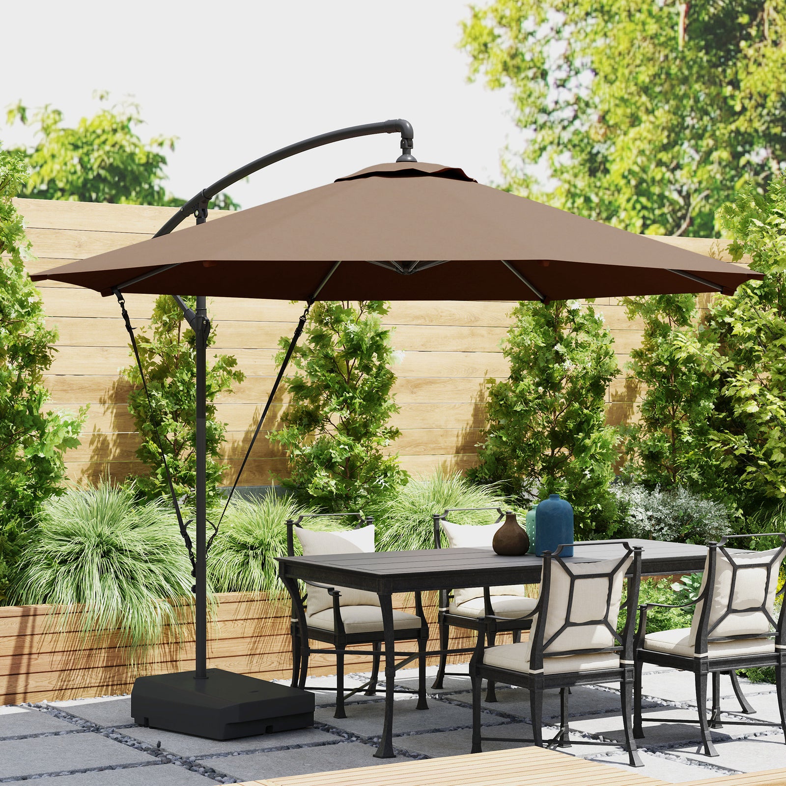 Garden Cantilever Parasol W/ Cover Weighted Base Wind Strap | Brown