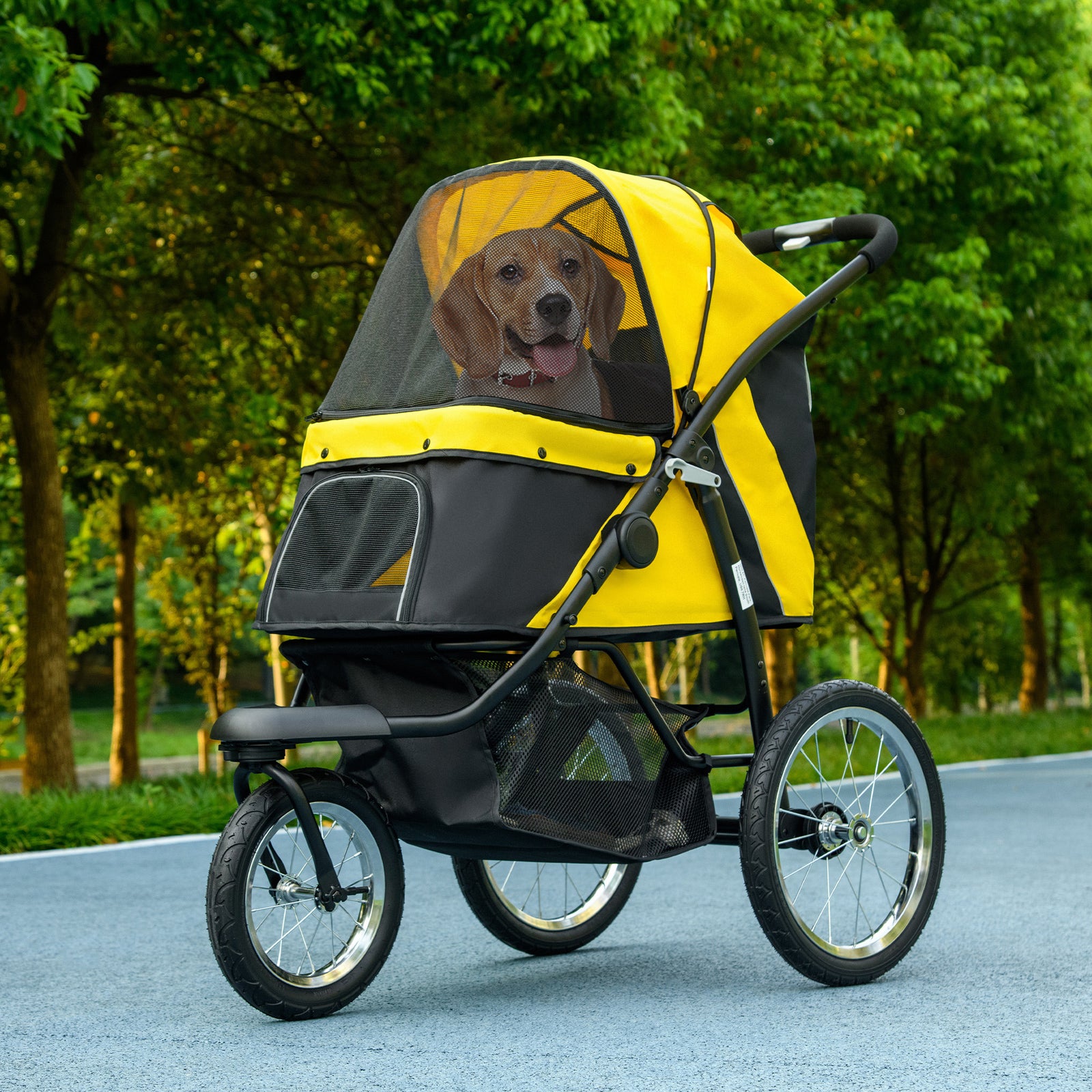 3 Wheel Pet Stroller, For Medium Small Dogs, Foldable Cat Pram | Yellow