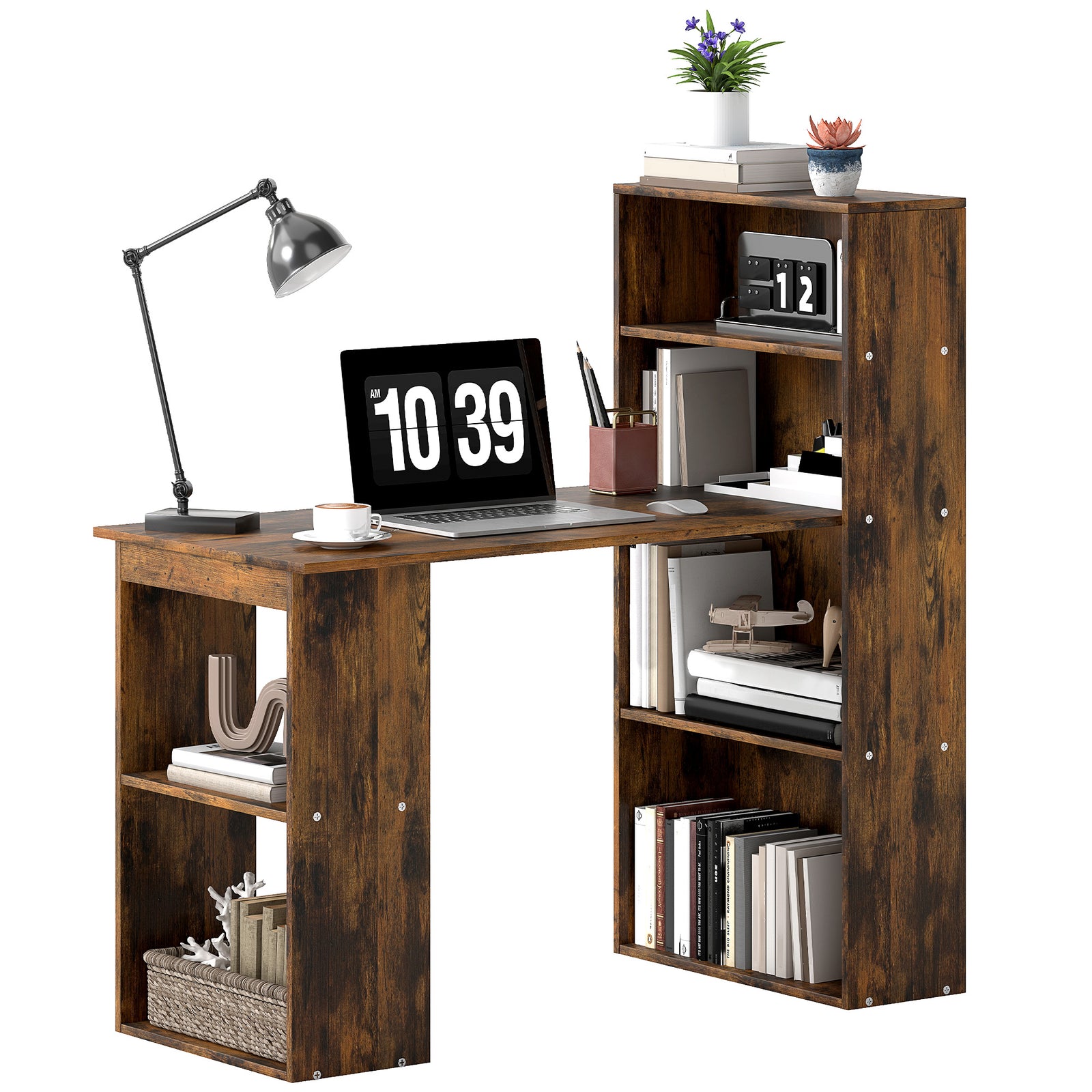 120cm Computer Desk Bookshelf Writing Table 6 Shelves | Brown
