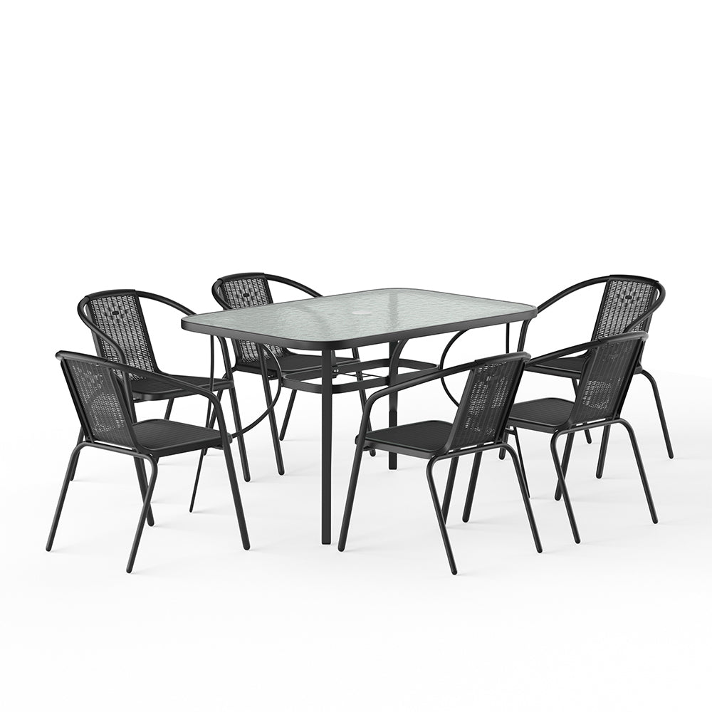 7 Pcs Garden Dining Set Outdoor Tempered Glass Coffee Table With Rattan Chairs