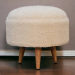Solid Mango Wood Cream Boucle Rounded Footstool