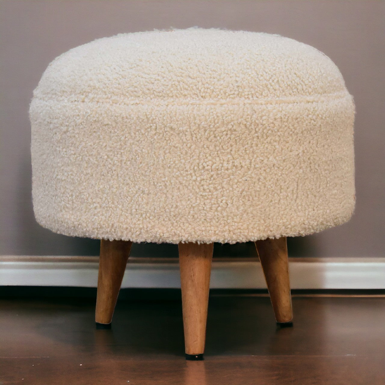 Solid Mango Wood Cream Boucle Rounded Footstool