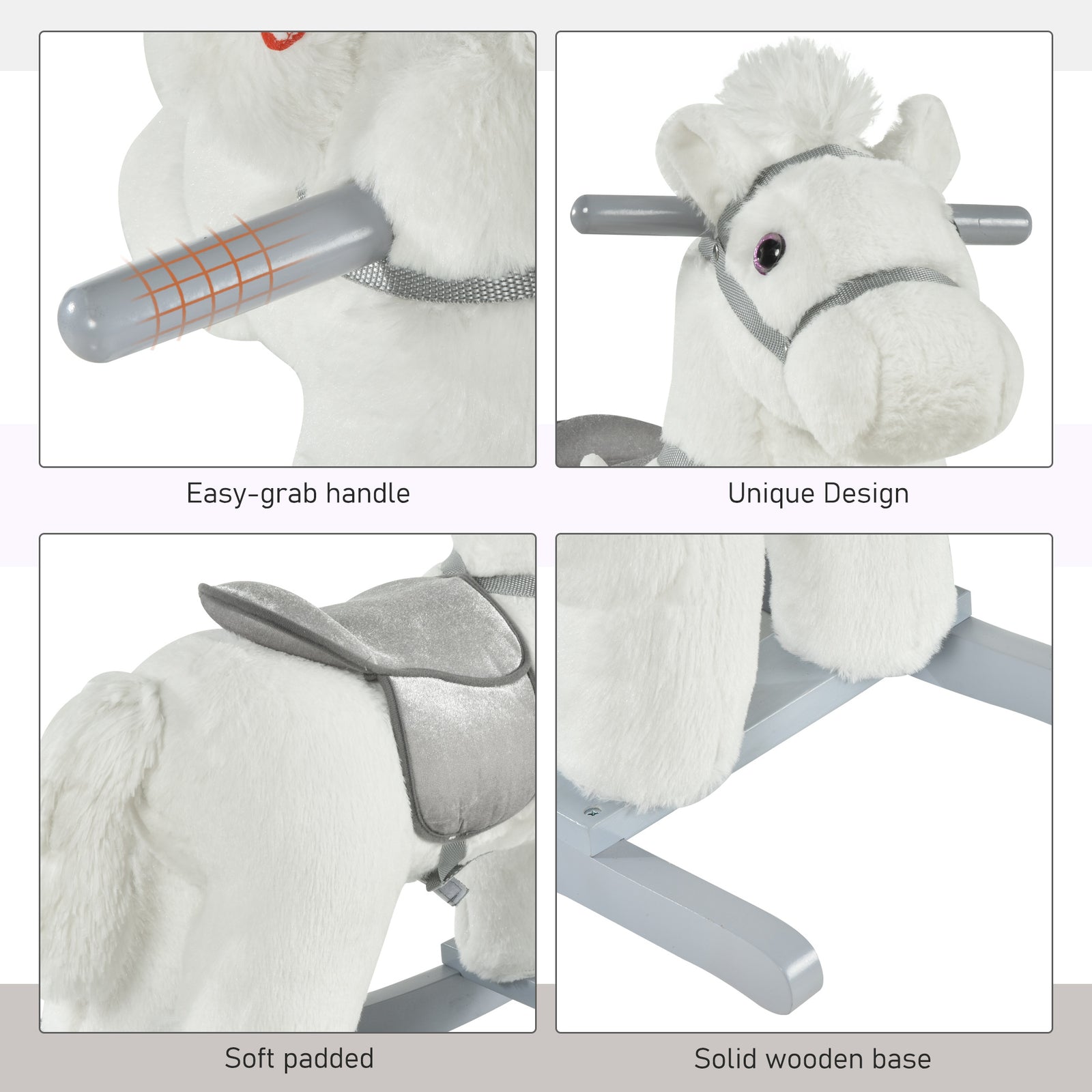Kids Plush Ride-on Rocking Horse With Plush Toy Sound Handle Grip | White