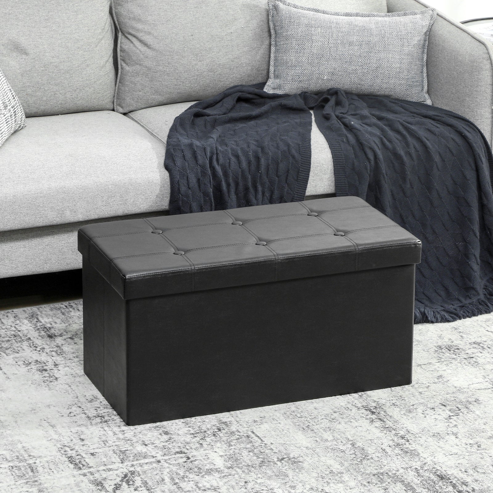 Storage Ottoman Bench, 89l Pu Leather Folding Foot Rest | Black