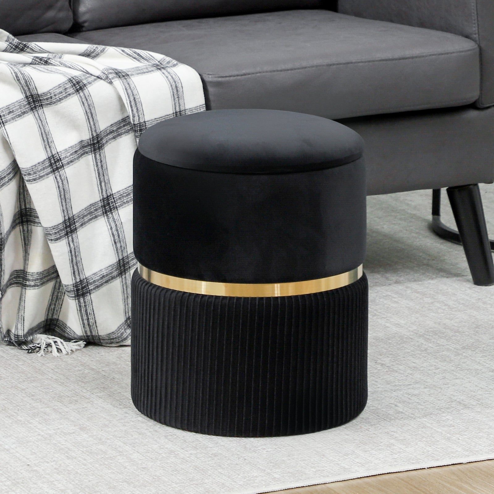 Round Pouffe Storage Footstool With Hidden Space | Black